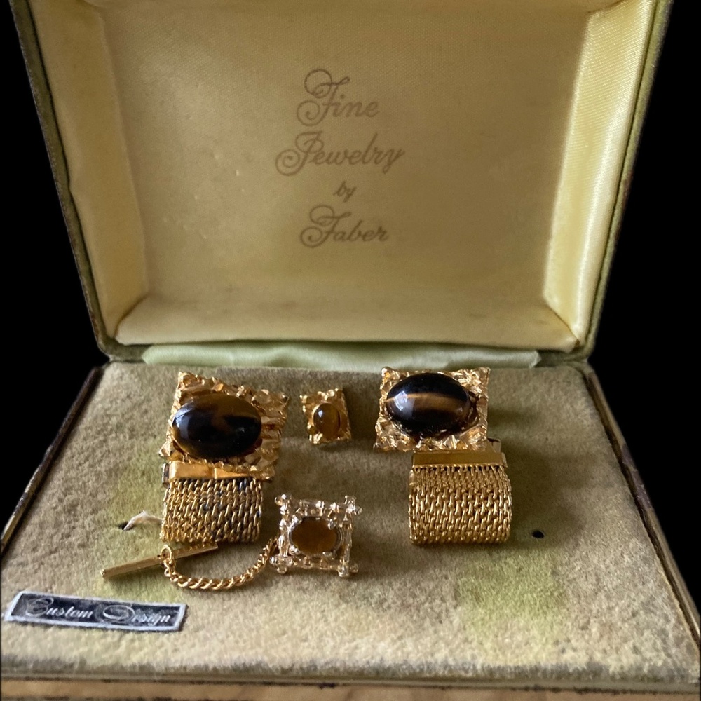 Vintage Faber Tiger’s Eye Cufflinks &  OBTie Pins Set – 14K GF OB Accent – Boxed